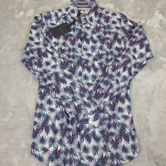 Ted Baker Mens Karaf Long Sleeve LS Palm Printed Dress Shirt Sz‎ 1NEW $165